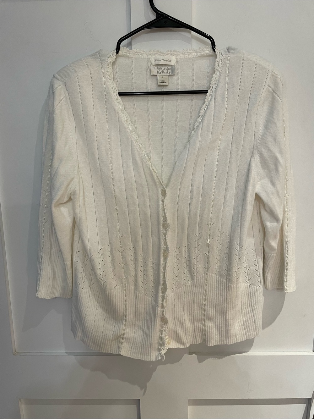 Christopher & Banks White Open-Front Cardigan with crochet striping Size L
